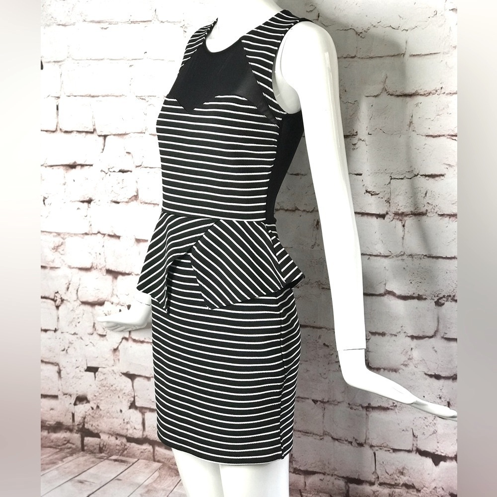 MATERIAL GIRL S Peplum Mesh Back Sleeveless Black & White Stripe Dress Small NWT